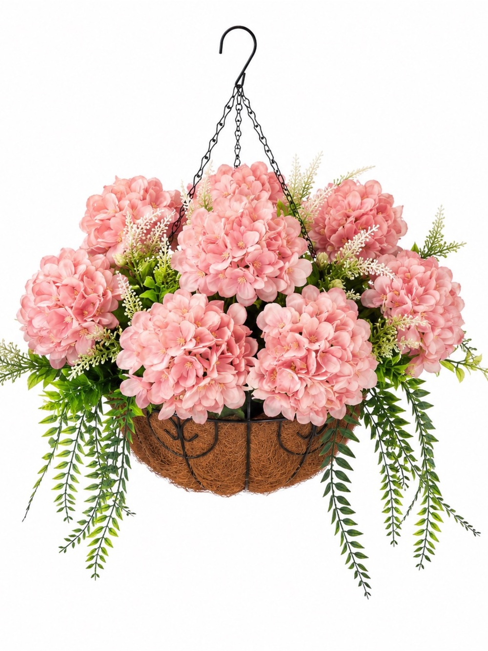 Ammyoo Artificial Hydrangea Flowers with Hanging Basket Planter